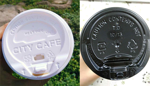 (왼쪽) 온음료 뚜껑에 PP소재가 사용된 대만의 일회용 컵, (오른쪽)온음료 뚜껑에 PS소재가 주로 사용되는 한국 (여성환경연대 제공)