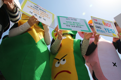 GMO완전표시제 시민청원단이 12일 오전, 청와대 분수대 앞에서 기자회견을 열고 국민청원 21만명이 넘었으니 청와대가 GMO 표시제와 관련해 답할 차례라고 외쳤다. (사진= 김아름내)