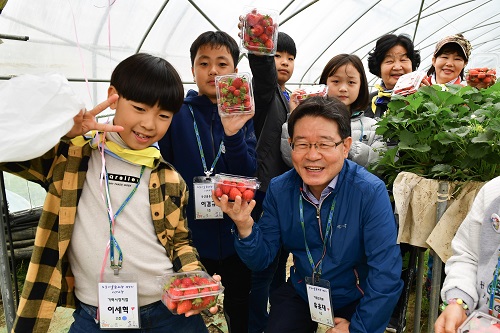 유윤대 부행장과 기업고객 임직원 가족들이 딸기 따기 체험을 하고 있다.(사진=NH농협은행 제공)