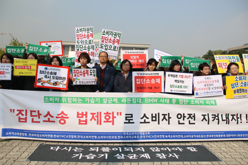 한국소비자단체협의회와 가습기살균체참사네트워크 회원들이 15일 오전 국회 앞에서 집단소송제 법제화를 촉구했다. (사진= 김아름내)