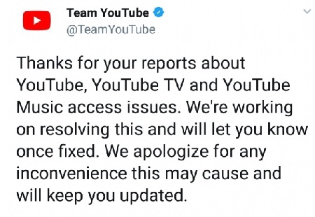 구글의 유튜브 관리자는 17일 트위터를 통해 사이트 접속과 동영상 재생의 문제가 발생한 사실을 인정했고 문제를 해결하는 중이라고 밝혔다.