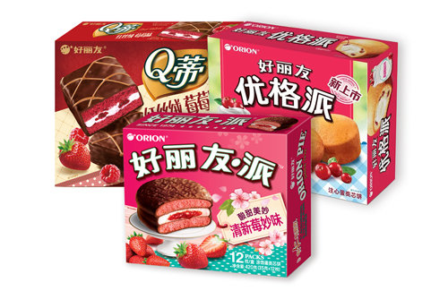 오리온 중국 주요 파이 (왼쪽 위부터 시계방향으로) 큐티파이 레드벨벳, 요거트파이, 초코파이 딸기 (사진= 오리온 제공)