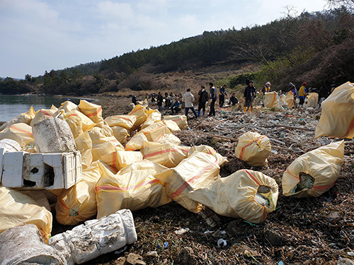 완도통발자율관리공동체 회원들은 지난 11일 보길면 백도리 둥치섬에 발생한 해양쓰레기(폐스티로폼) 41만㎥를 수거했다. (사진= 완도군 제공)