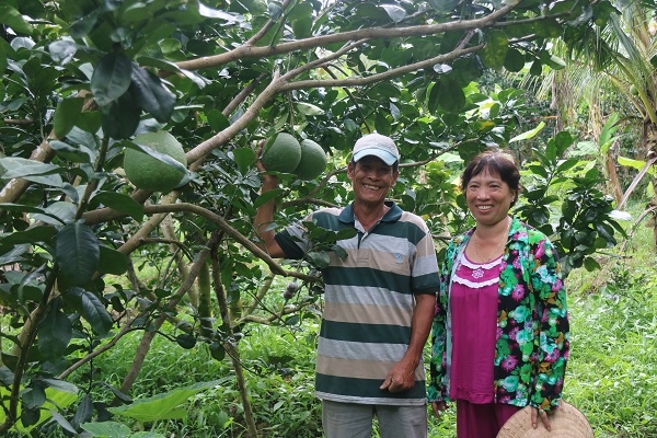 베트남 낙후농촌지역인 번째성의 농민 부부가 교보생명으로부터 지원 받은 자몽나무 열매를 보며 환하게 웃고 있다.(사진=교보생명 제공)