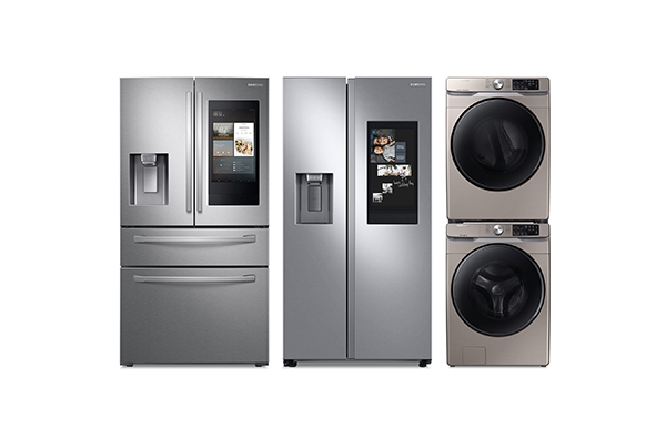 (왼쪽부터) 삼성전자 프렌치도어 냉장고(RF28R7551SR), 양문형 냉장고 (RS27T5561SR), 세탁기(WF45R6100AC), 건조기(DVE45R6100C) (사진= 삼성전자)