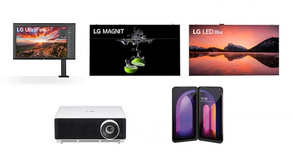 LG전자가 출시한 제품이 일본 최고 권위의 굿디자인 어워드를 수상하며 디자인 경쟁력을 인정받았다.  사진 왼쪽 상단부터 시계방향으로  어워드를 수상한 LG 울트라 HD 360 모니터, 마이크로LED 사이니지 LG 매그니트, LED 사이니지 LG LED 블록, LG V60 ThinQ 5G, 상업용 프로젝터 LG 프로빔 제품 사진 (사진= LG전자)